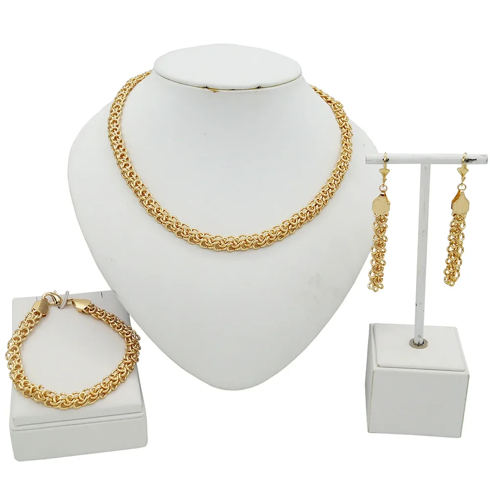 Atacado conjunto de joias de fantasia africana banhado a ouro cubano link corrente colar brincos pulseira conjunto de joias 1