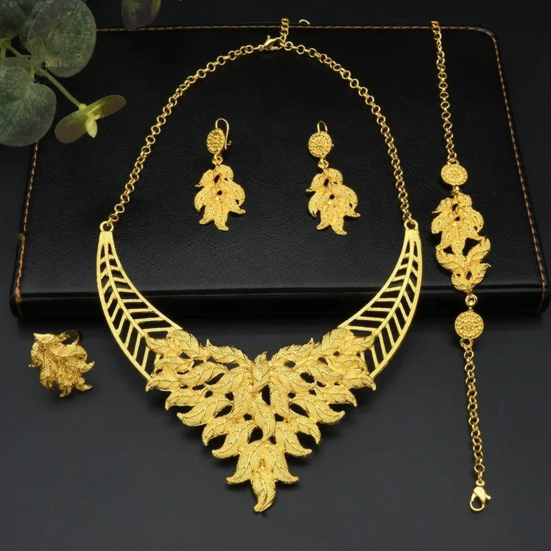 Dubai Gold Jewelry Set Women Bridal Bracelet Necklace Earrings Ring 4pcs Jewellery Set 1