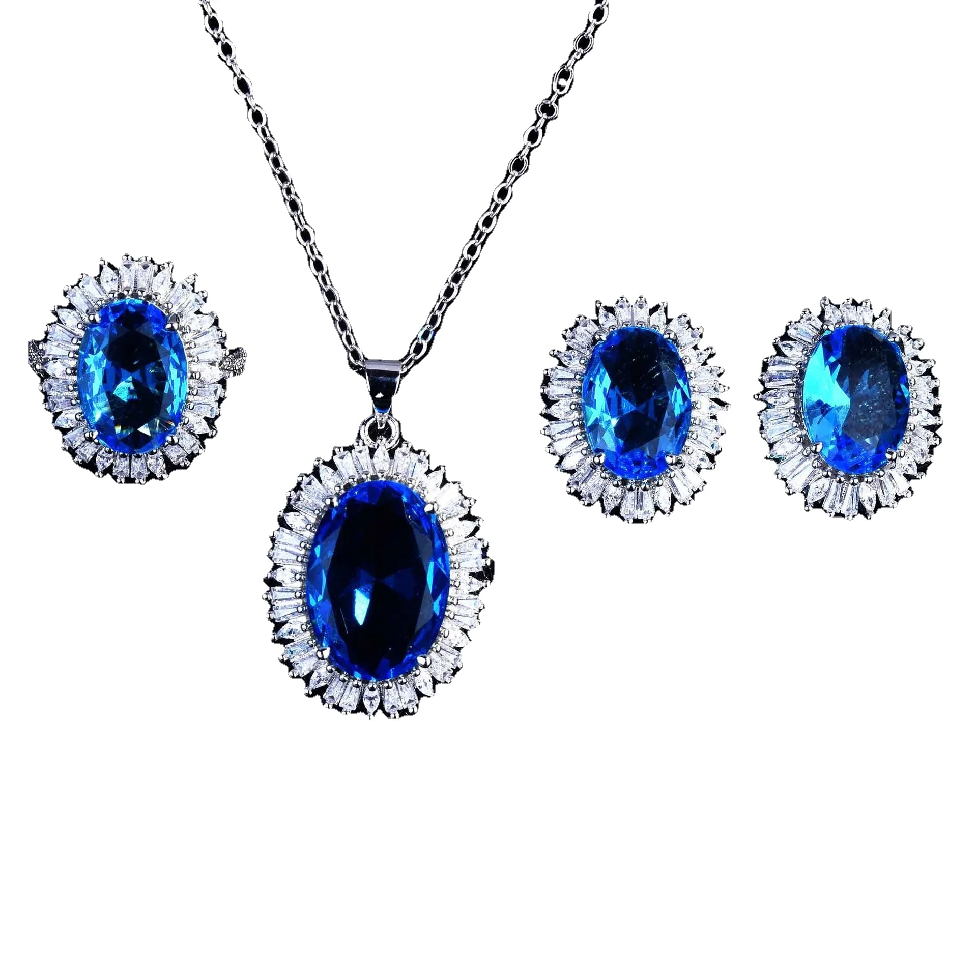 Luxury Women 925 Sterling Silver Plated Tanzanite Blue Cubic Zircon Pendant Necklace Jewelry Sets 1