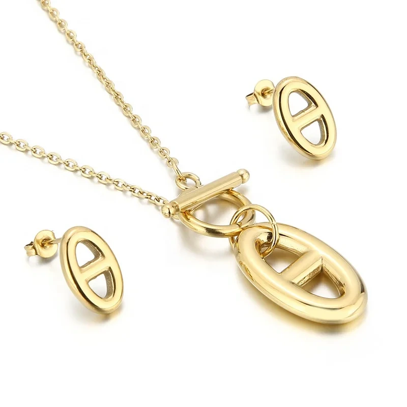 Moda aço inoxidável 18k ouro clavícula corrente formato oval pingente colar brincos joias finas conjuntos de joias 1