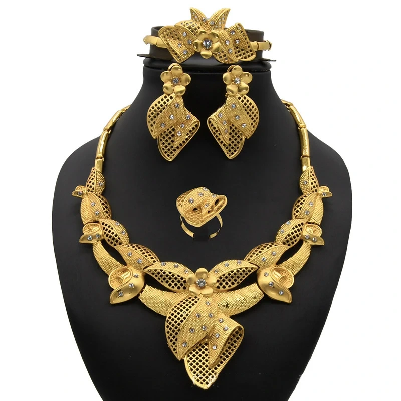 Fashion 4pcs Middle East Fashion Bride Necklace Dubai Gold Plated Jewelry Set 1