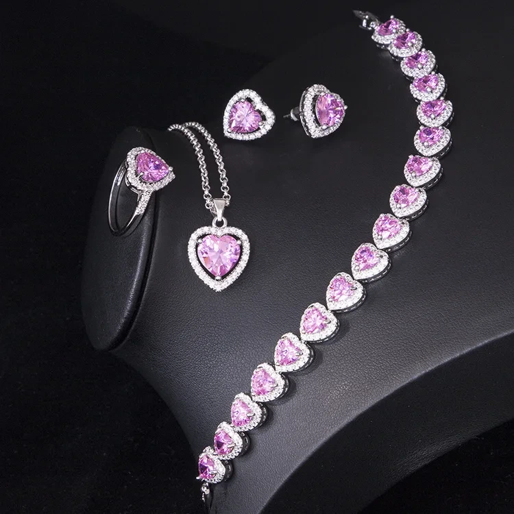 Fashion 925 Silver Plated Pink Crystal Necklace Earrings 4 Pieces Heart Alloy Zircon Jewelry Sets 1