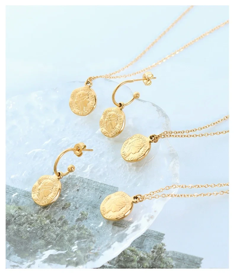 18k Gold Plated Stainless Steel Necklace And Earrings Sets Retro Geometric Coin Ladies Necklaces Set With Earrings 1