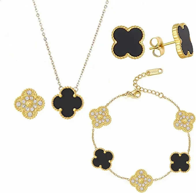 18k banhado a ouro aço inoxidável concha preta e zircônia trevo de quatro folhas colar brincos pulseira conjunto para meninas 1
