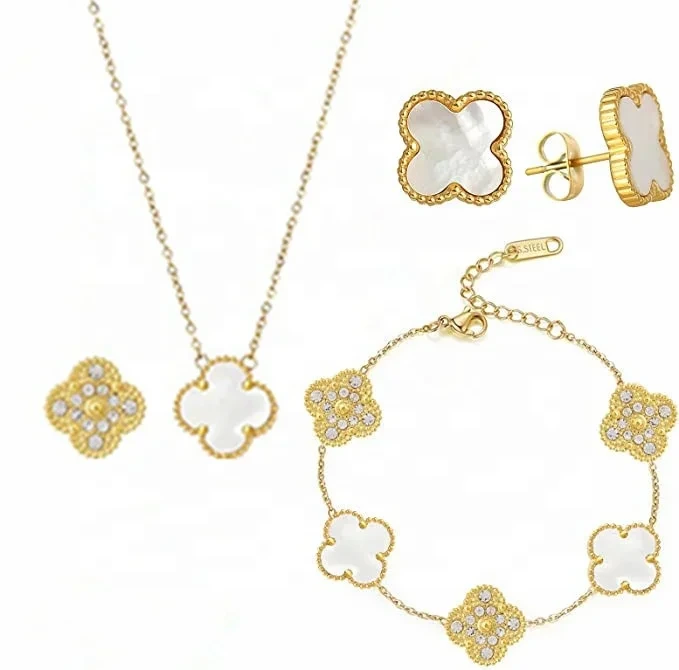 Barato 18k banhado a ouro aço inoxidável moda zircão branco trevo de quatro folhas colar brincos pulseira conjunto de joias femininas 1