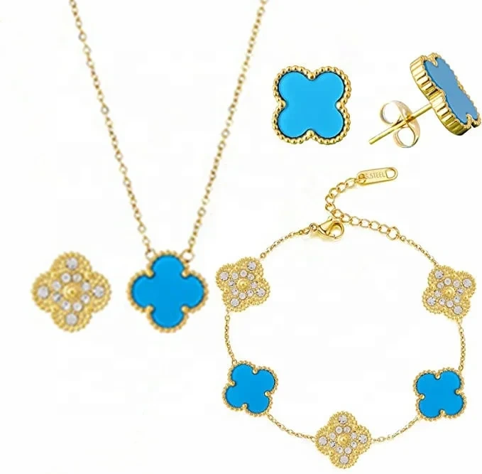 Novo conjunto de jóias de trevo de aço inoxidável moda 18k banhado a ouro quatro folhas conjunto de jóias de trevo venda quente conjunto de colar de trevo 1
