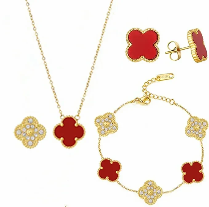 Preço barato 18k banhado a ouro aço inoxidável fino cor vermelha zircão quatro folhas trevo pulseira colar conjuntos de exibição de jóias fo 1