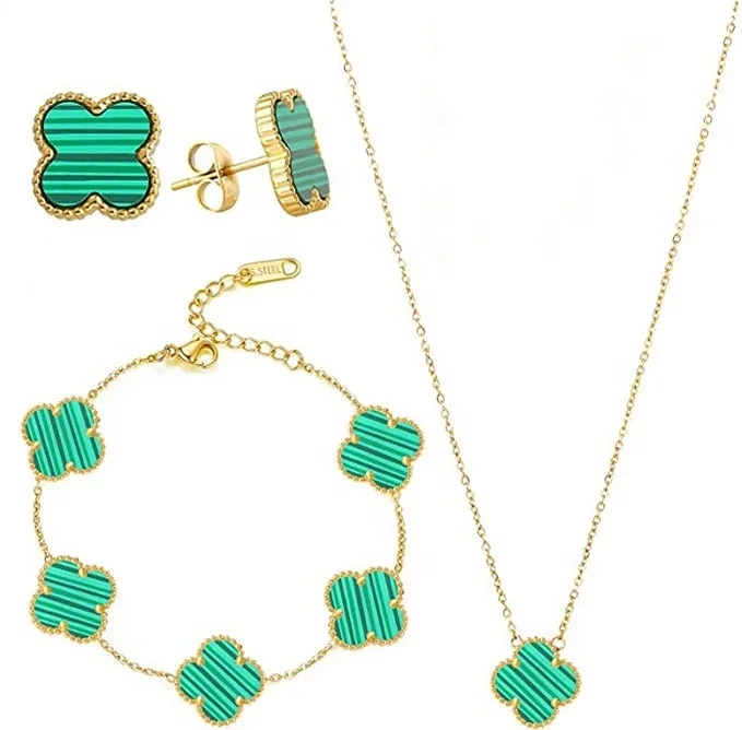 Preço barato aço inoxidável 4 folhas trevo colar quatro folhas trevo pulseira conjunto 18k ouro não manchar à prova dwaterproof água 1
