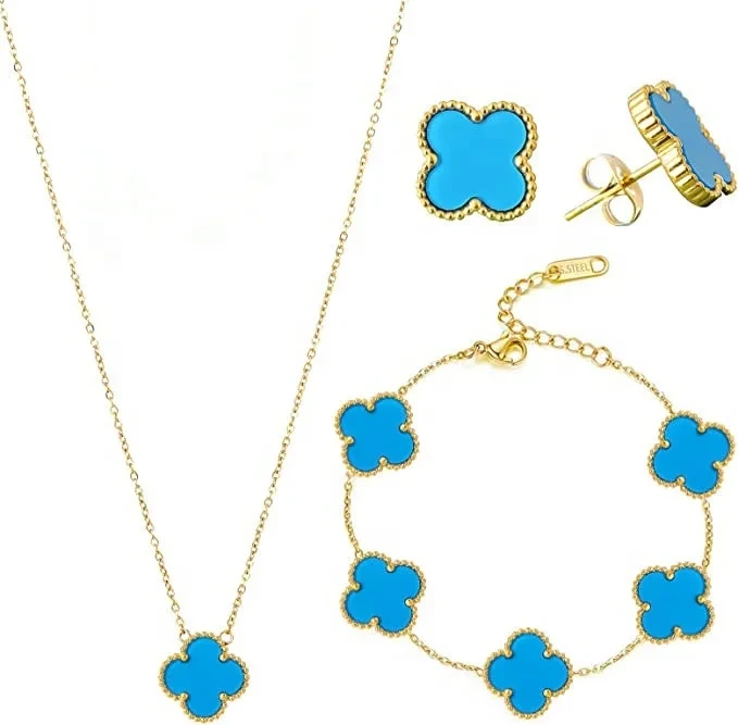 Wholesale Stainless Steel Gold Plated Clover Earrings Necklace Bracelet Jewellery Sets Gift For Girls 1