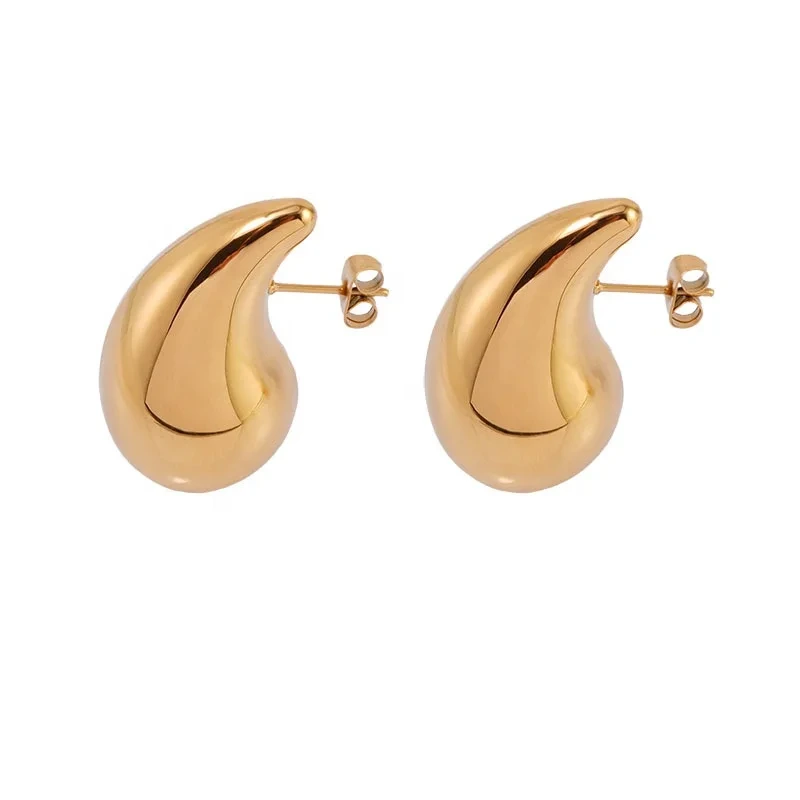 Brincos em forma de gota de água, brincos ocos polidos de precisão de aço inoxidável, brincos banhados a ouro 18k de aço titânio 1