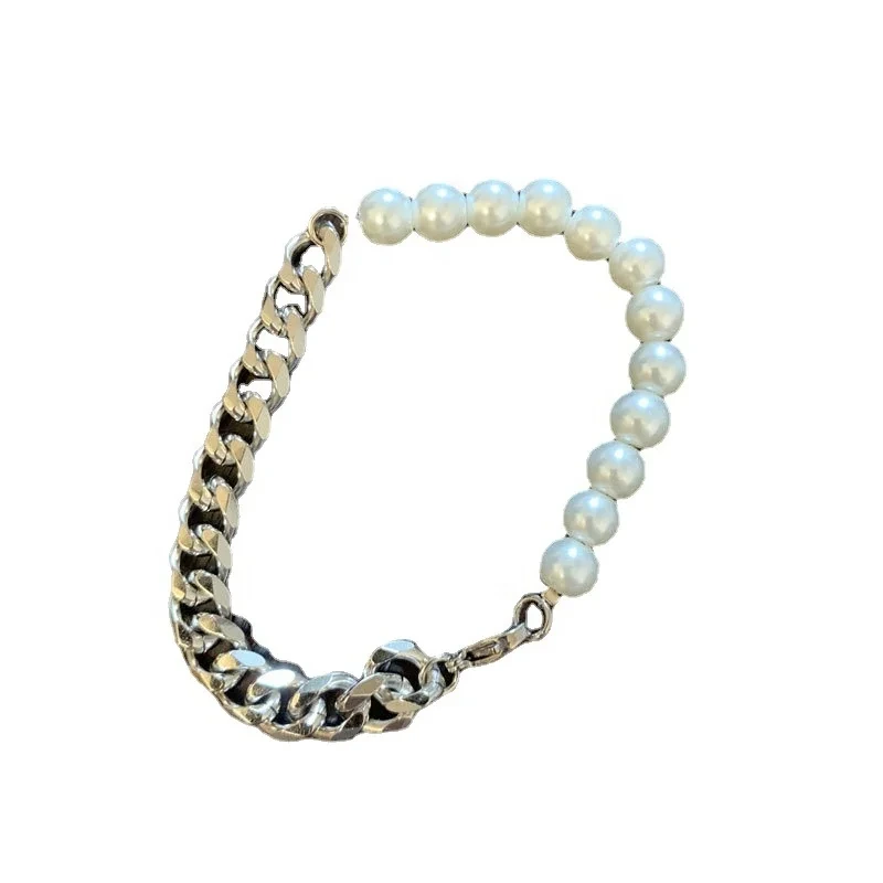 Wholesale Stainless Steel Jewelry Splicing Cuban Chains Beads Bracelets With Charm Baroque Pearl Bracelets For Man 1