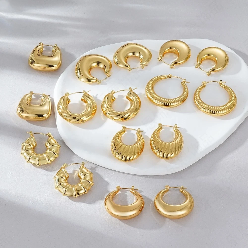 18k Gold Plated Hypoallergenic Hoop Earrings Jewel Stainless Steel Chunky Hoop Earrings Fashion Earrings Hoops Set 1