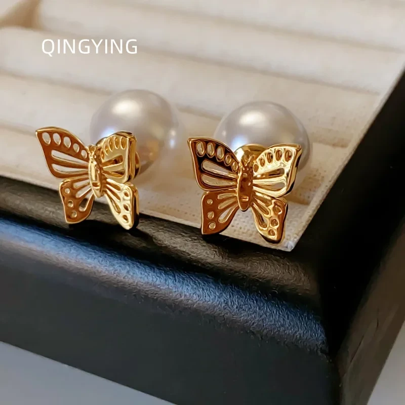 French Light Luxury Hollow Gold Butterfly Stud Earrings For Women Earrings White Pearl In Front Piercing Stud Earrings 1