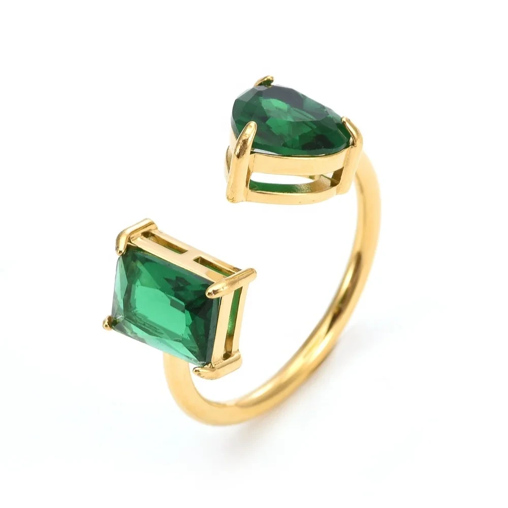 Stainless Steel 18k Gold Plated Pink Green Purple Black Diamond Heart-shaped Luxury Zircon Open Ring For Woman 1