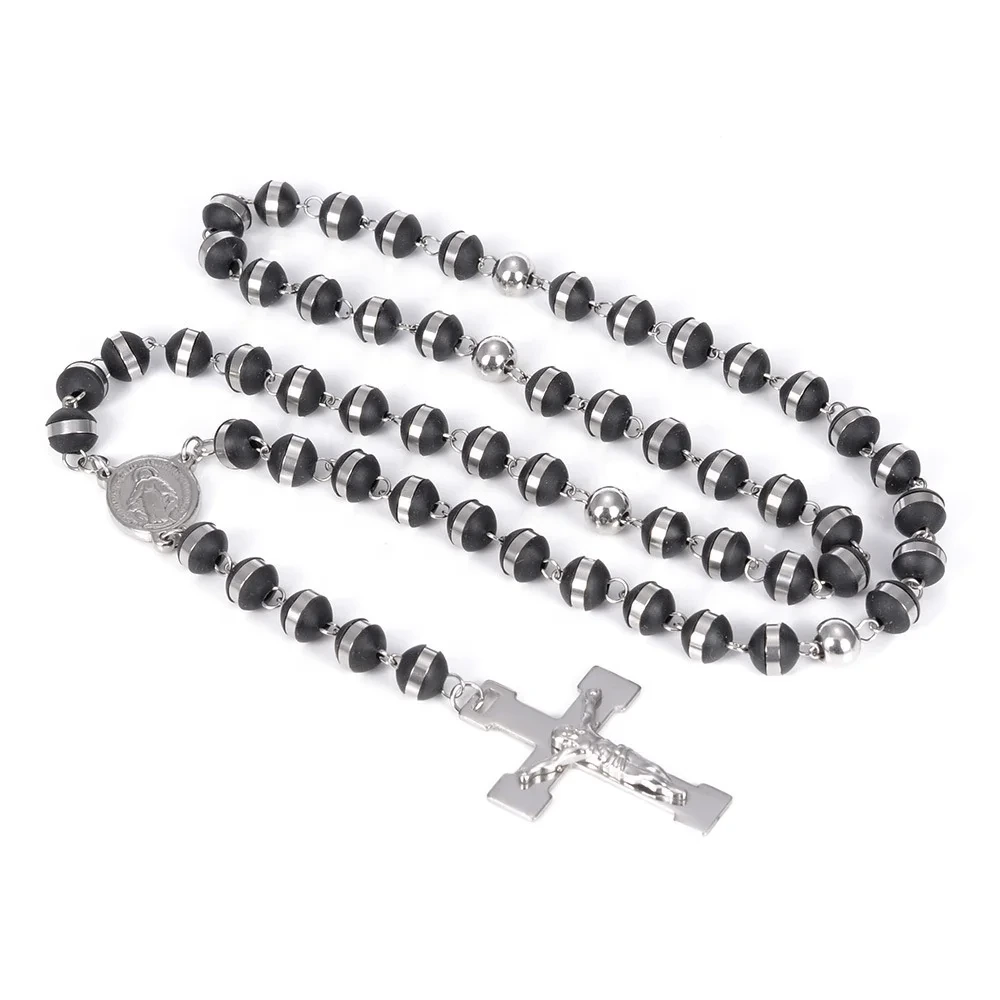Stainless Steel Christian Jesus Cross Pendant Religious Necklace Black Gold 8mm Beads Necklace Handmade Women 1