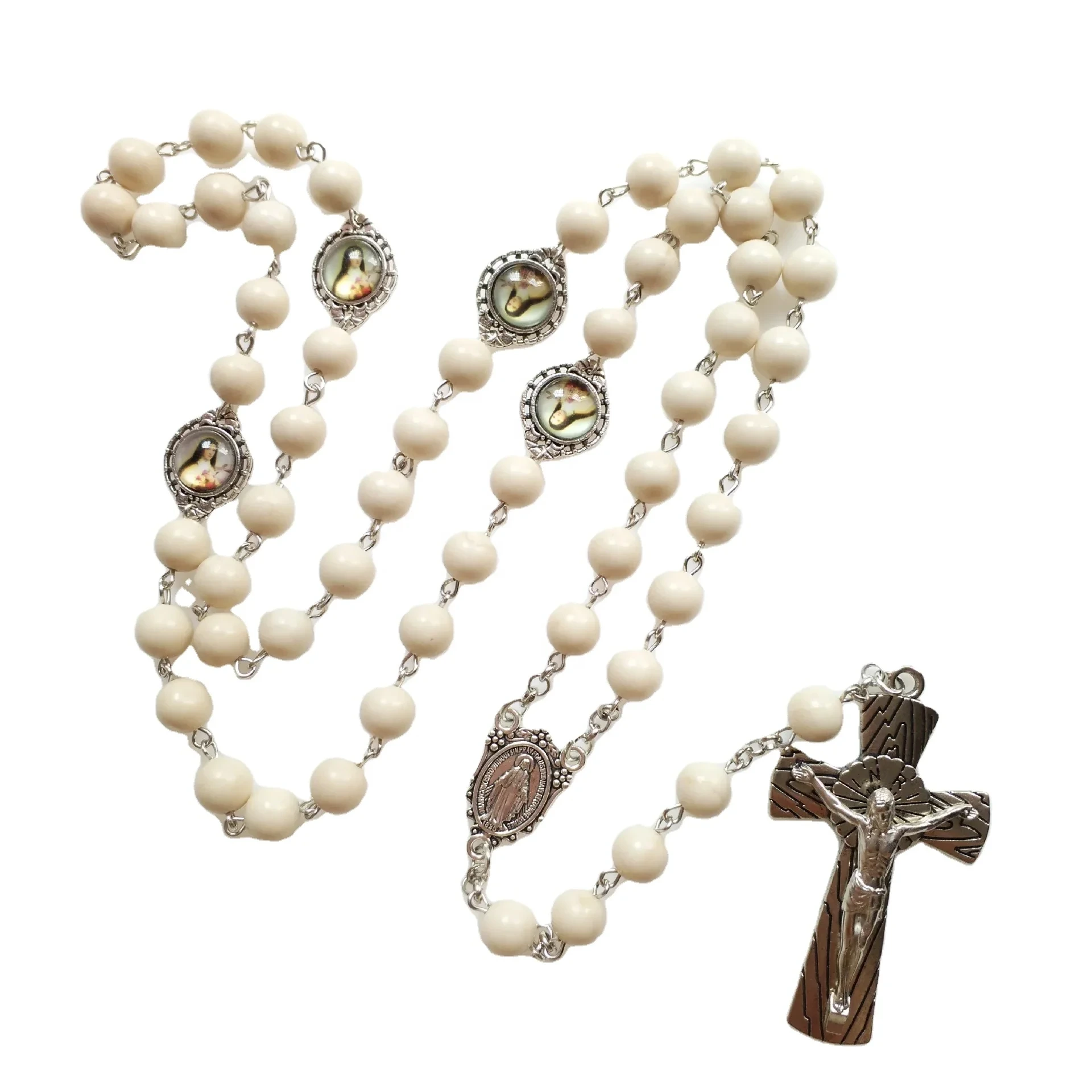 White Stone Bead Jesus Cross Pendant Candary Long 59 Pcs Glass Beads Chain Unisex Clothing Chain Rosary Necklace 1