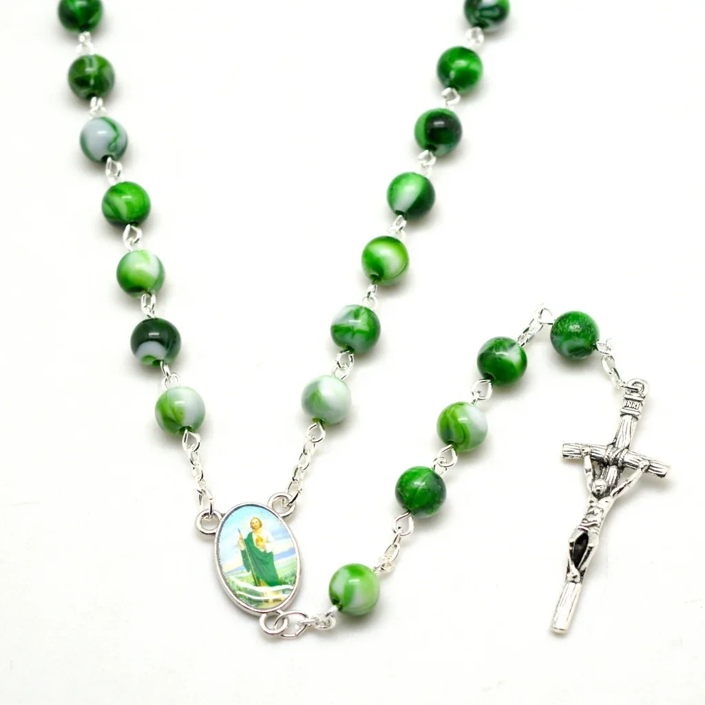 New Green Acrylic Beads Fashion Prayer Beads Necklace Cross Religious Necklace Rosary Jewelry 1
