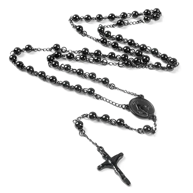 Wholesale 5mm Wide Black Stainless Steel Bead Necklace Bulk Big Bead Necklace Long Chain Necklace For Women 1