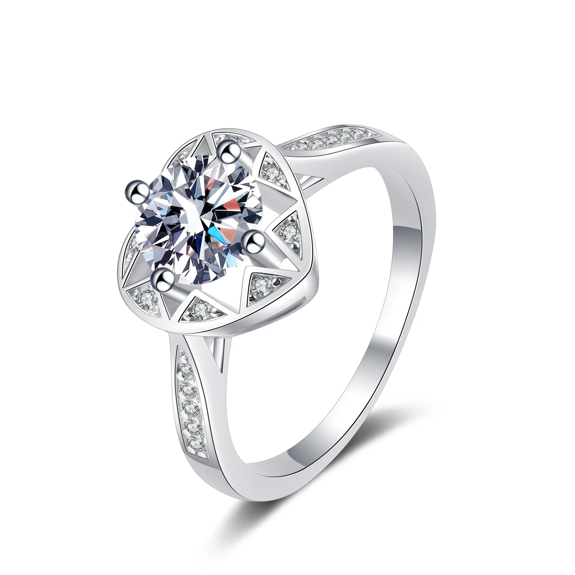 925 Sterling Silver With 1ct Vvs1 Heart Shaped Moissanite Diamond And Cubic Zircon Ring For Woman 1