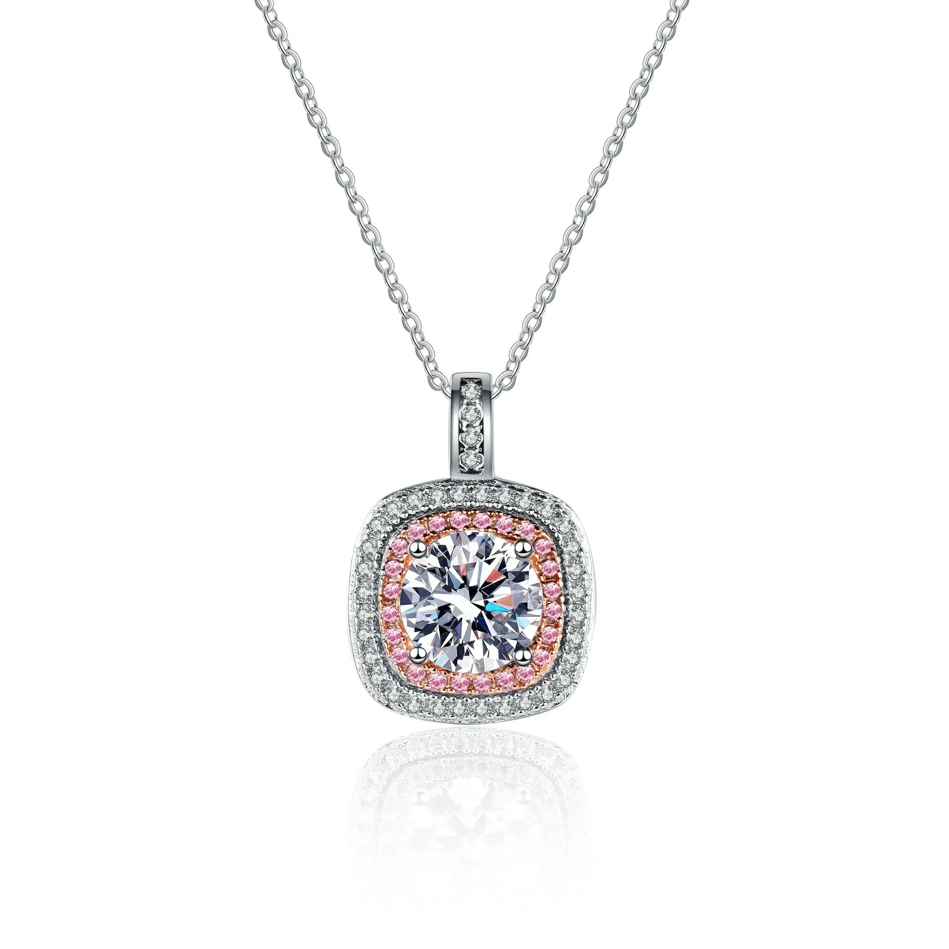 Luxury Women 925 Silver Square Micro Pave Edge Moissanite Necklaces With Pink Women's Neck Chain Wholesale Moissanite Jewelry 1