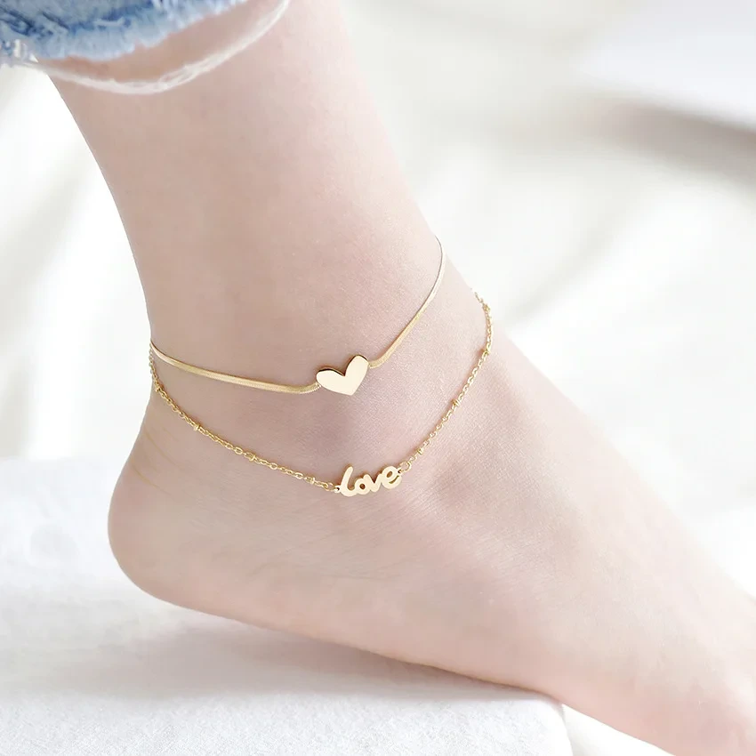 2023 New Trendy Double-sided Titanium Steel Double-layer Love Heart Butterfly 14k Gold Plated Anklet Charm 1