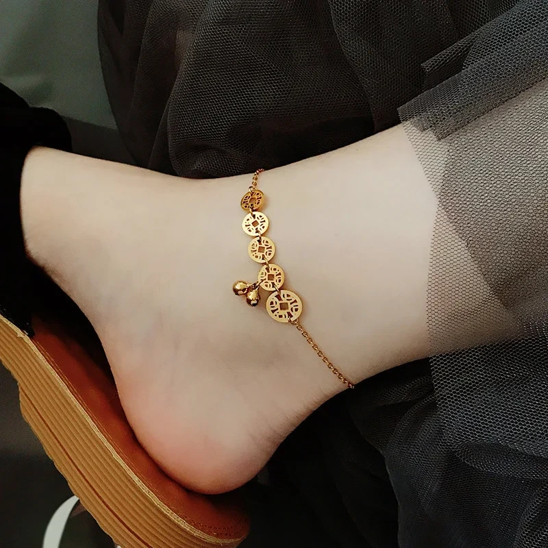 Simple 18k Gold Plated Bell Coin Anklet Women Fashion Titanium Steel Girl Anklet 1