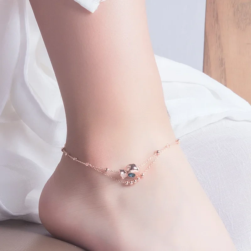 Simple Fashion S925 Silver Double Layer Round Bead Beach Anklet Fish Foot Chain 1