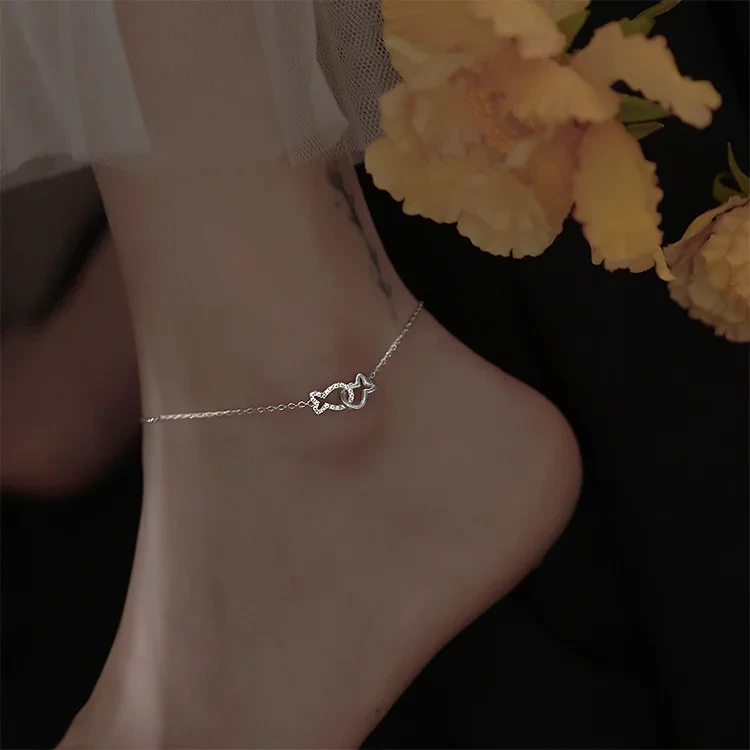 Fashion Sexy S925 Sterling Silver Anklets Kiss Fish Tennis Anklet Set Foot Jewelry 1