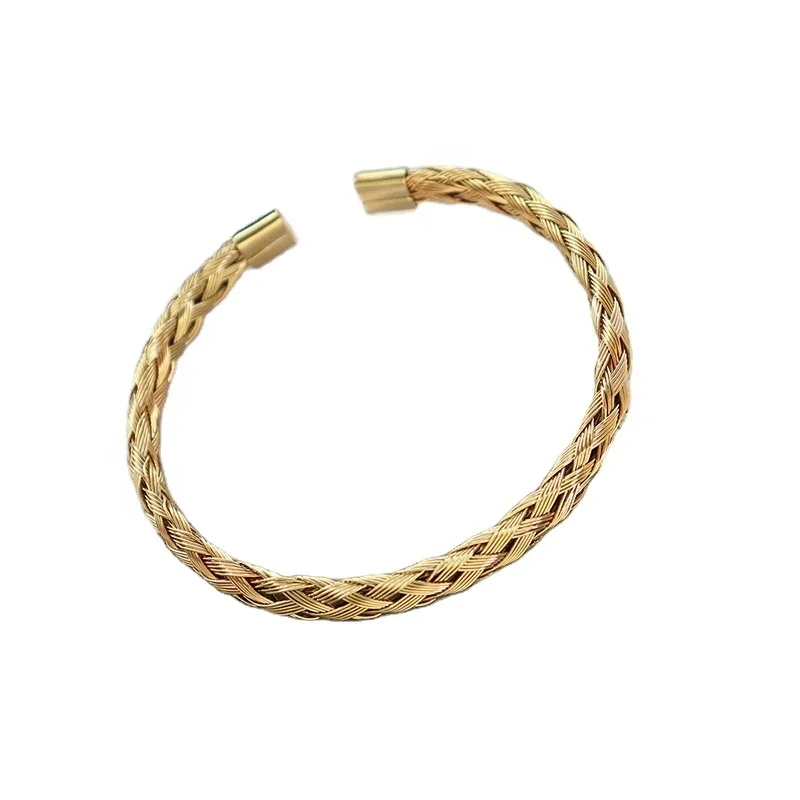 Open Wrist Band Cuff Female Woven Jewelry 18k Gold Plated Titanium Steel Twisted Bracelet 1