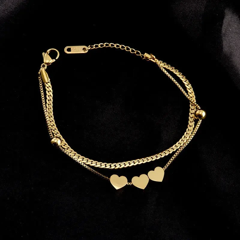 Titanium Steel 18k Gold Plated Dainty Heart Charm Chain Bracelet Women Bangles Jewelry 1
