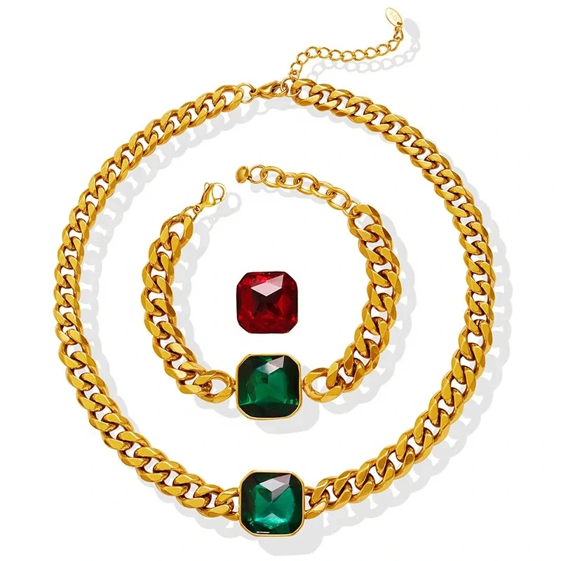 316l Titanium Steel 18k Gold Pvd Green Crystal Gemstone Cuban Link Bracelet Necklace Chunky Gold Bracelet For Women 1
