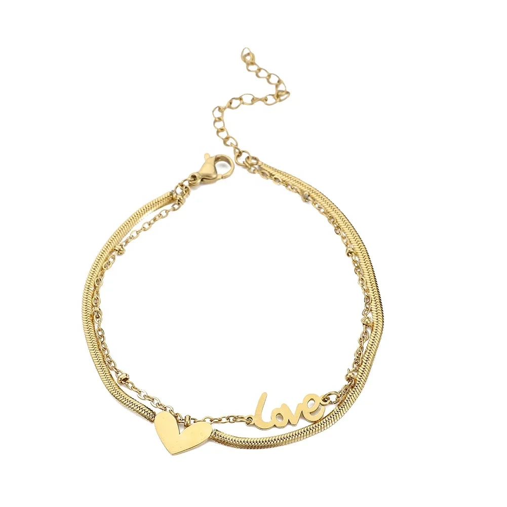 High Quality Personalized 18k Gold Color Double Layer Elegant Snake Chain With Heart Charm Custom Name Bracelet &anklet 1