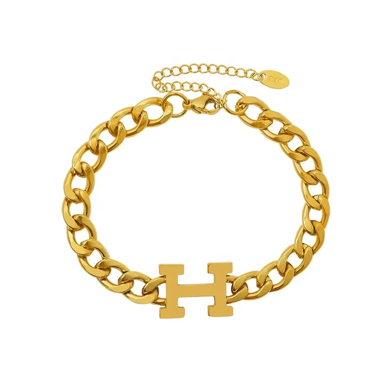 Fashion 18k Gold Plated Thick Chain Bracelet Bangle Jewelry Letter H Titanium Steel Bracelet 1