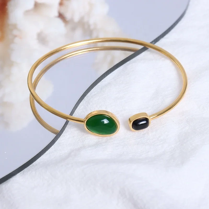 Retro Black Agate Bracelet Titanium Steel 18k Gold Plated Cuff Bangle 1