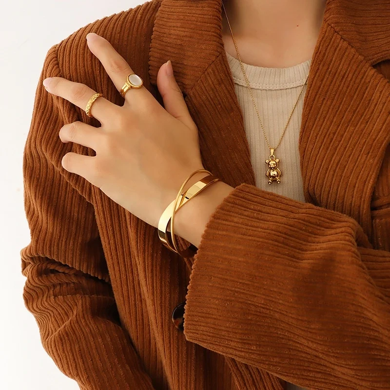 Fashion Jewelry 18k Real Gold Bracelet Double-layer Surround Cross Open Stainless Steel Women's Bangle 1