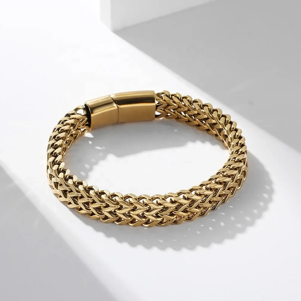 Fashion 18k Gold Titanium Steel Men's Bracelet Hip Hop Thick Cuban Chain Magnet Buckle Bangle 1