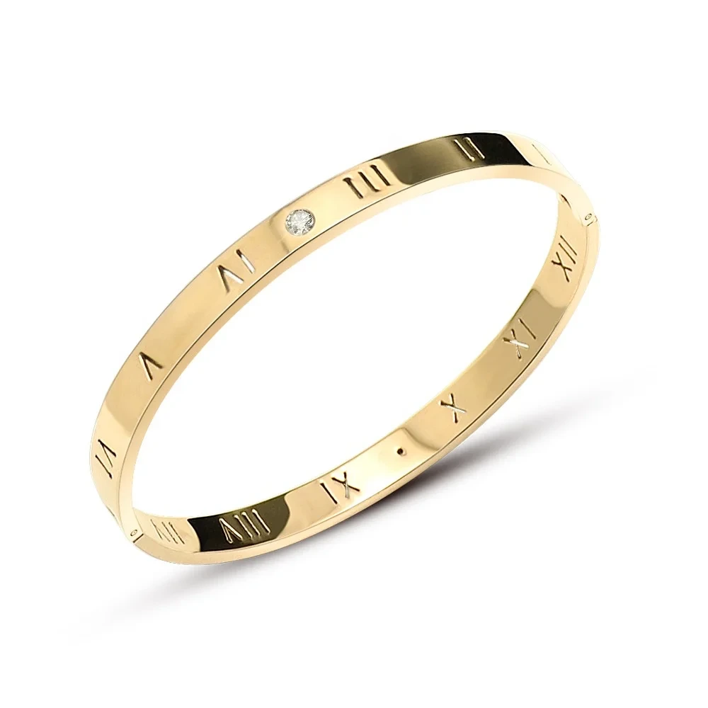 Fashion Roman Number Engraved Zircon Bracelet Titanium Stainless Steel 18k Gold Plated Bangle 1