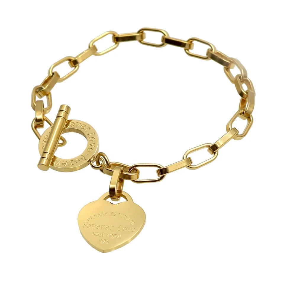 18k Gold Plated Heart Chain Bracelet Titanium Stainless Steel Forever Love Letter Charm Bracelet Bangle 1