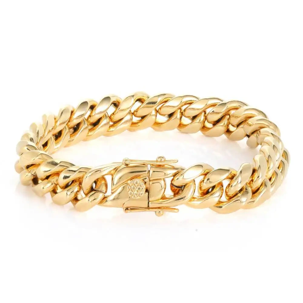 Fashion 18k Gold Plated Tap Buckle Stainless Steel Men Jewelry Hip Hop Round Grind Cuban Chain Bracelet 1