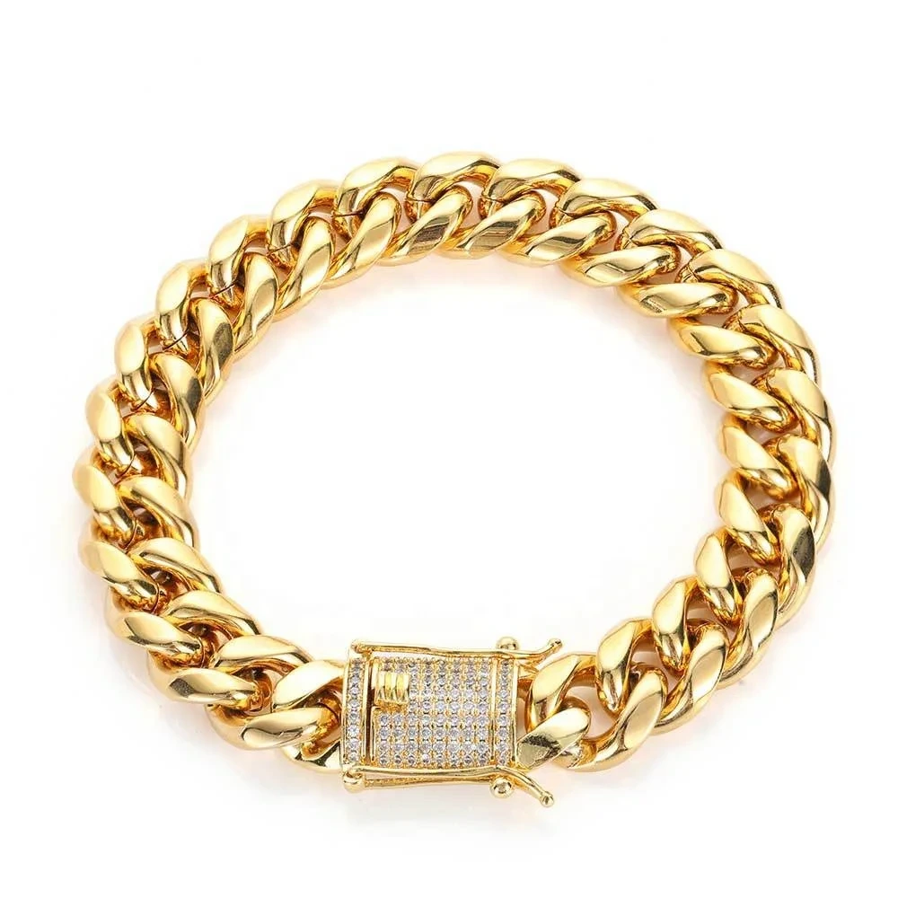 Hip Hop Cuban Chain Zircon Bracelet Stainless Steel Round Grind Double Diamond Buckle Titanium Steel Men's Jewelry Bracelet 1