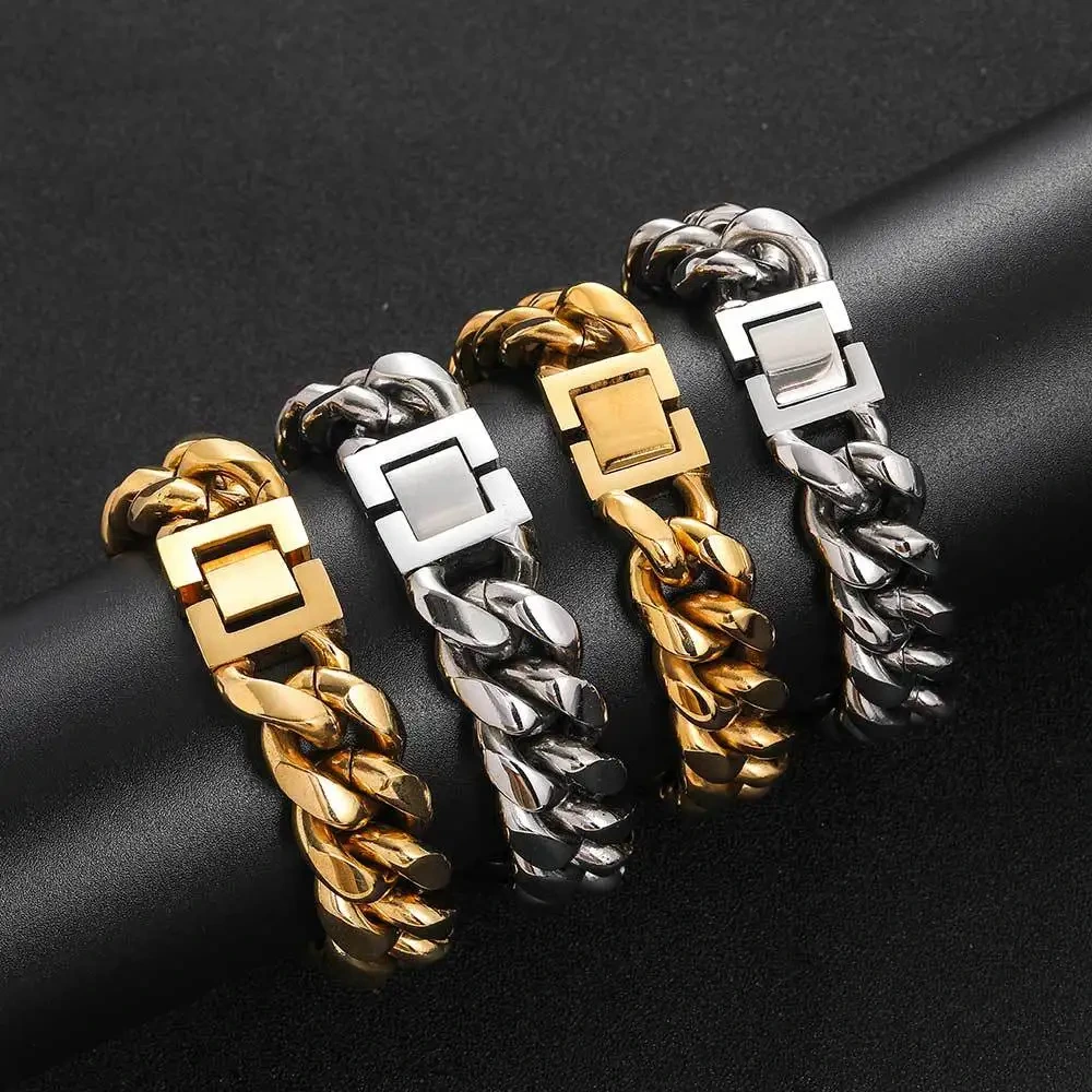 Fashion Men Jewelry Buckle Stainless Steel Cuban Chain Bracelets Titanium Steel Hip Hop Men's Bracelet 1