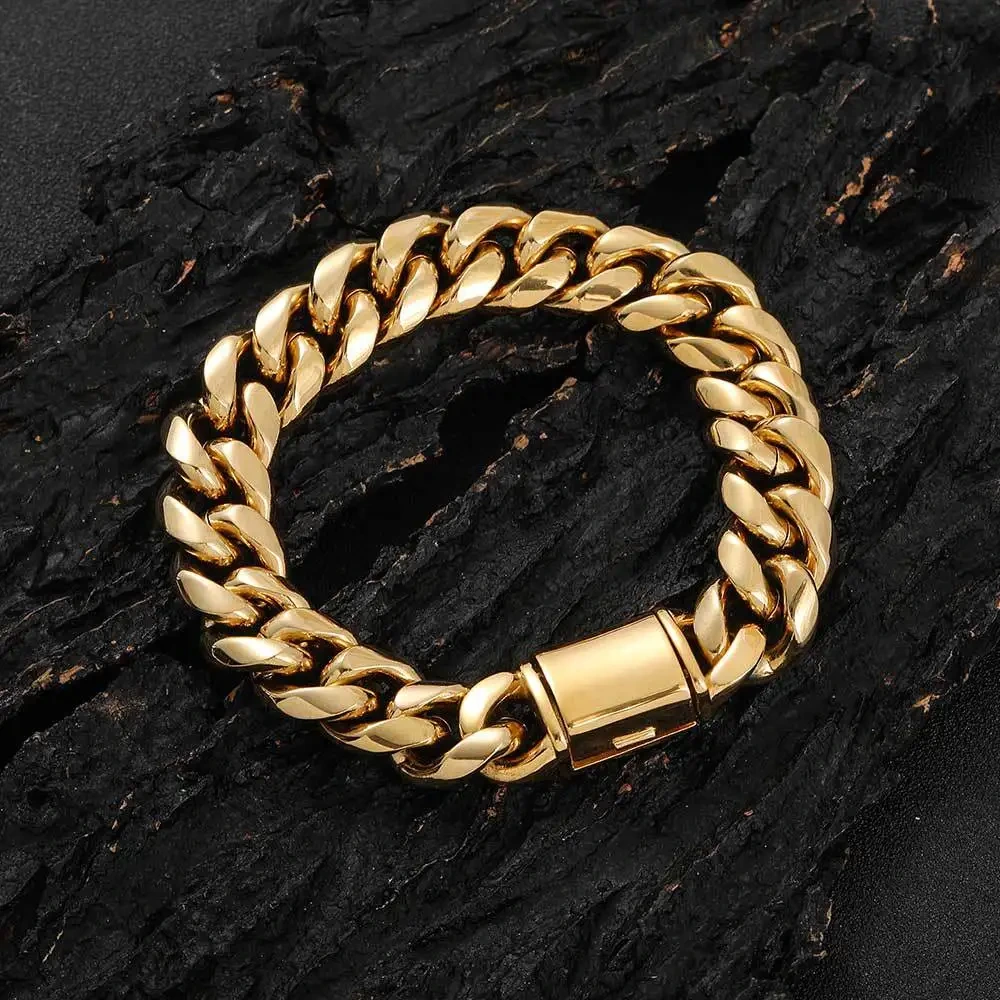 Fashion 18k Gold Plated Flip Button Stainless Steel Cuban Chain Bracelet Hip Hop Titanium Steel Men's Bracelet 1