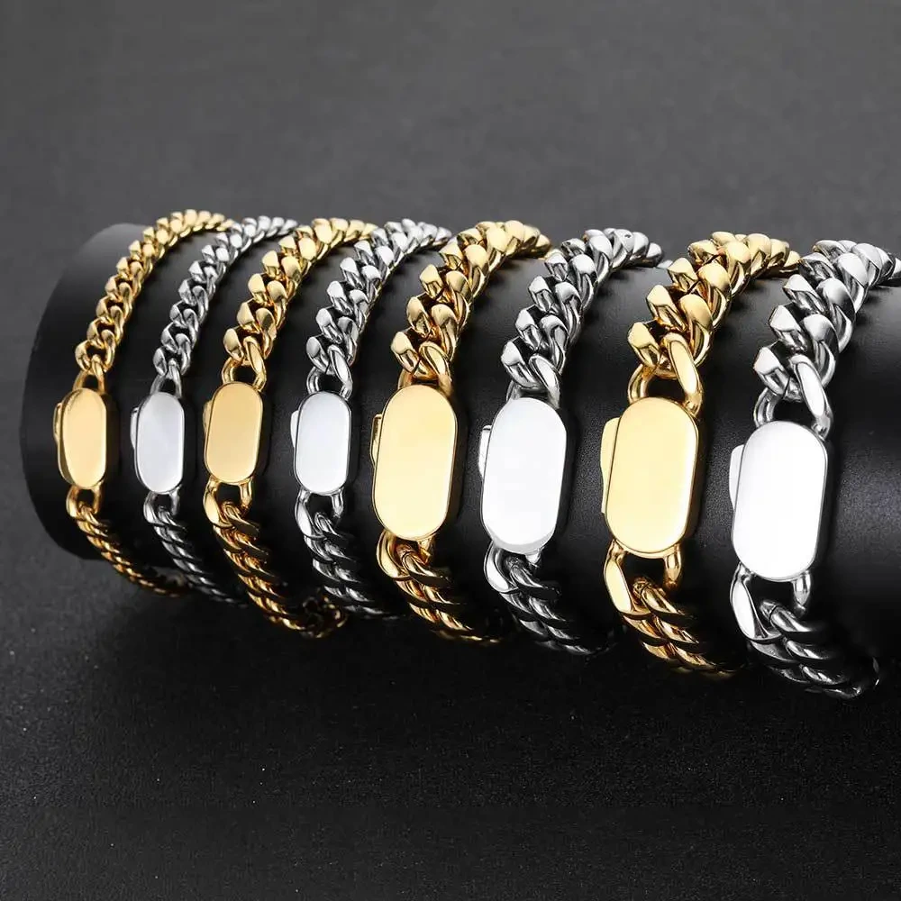 Fashion Titanium Steel Jewelry 18k Gold Bracelet Hip Hop Single Spring Buckle Stainless Steel Cuban Chain Bracelet 1