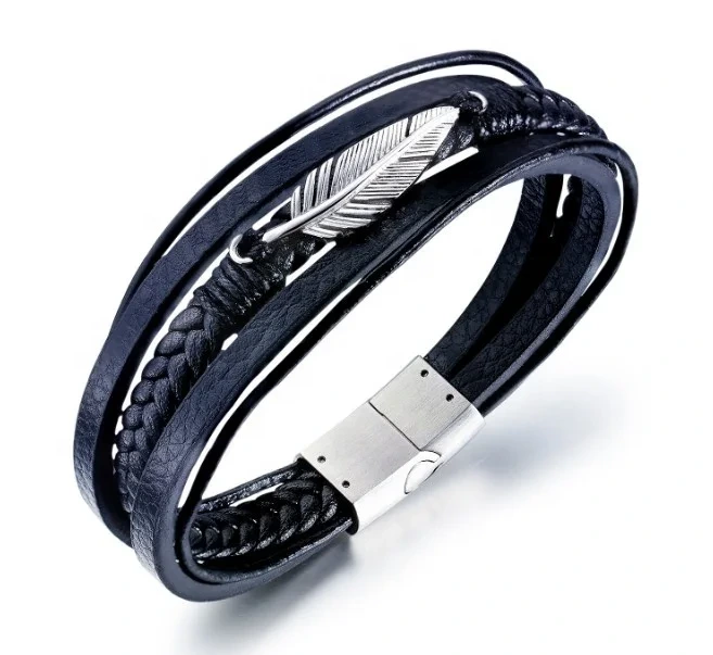 Pulsera de cuero tejida de los hombres vendedores calientes de la tendencia del Amazonas de la pulsera de cuero del Multi-círculo de la pluma de la moda 1
