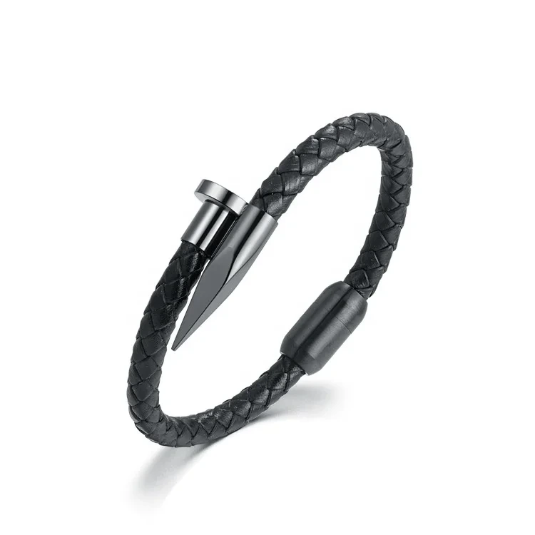 Recién llegado, pulsera de uñas de cuero trenzado negro con cierre magnético de cuero auténtico de acero titanio Hip Hop para hombres 1