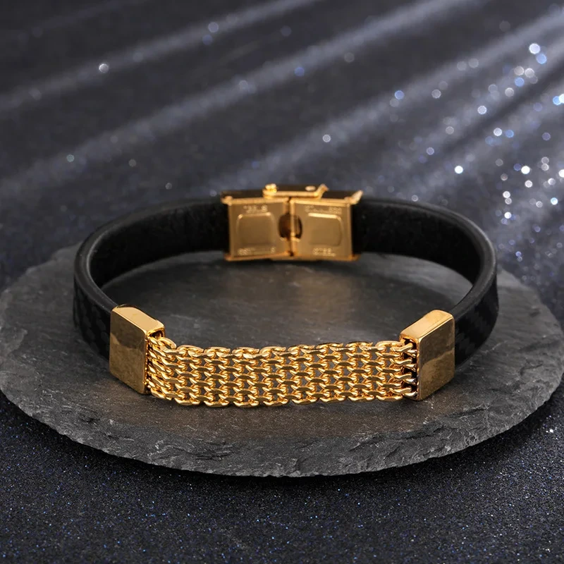 Gold Plated Bracelet Leather Carbon Fiber Printed Men's Titanium Steel Bracelet Mesh Chain Bracelet 1