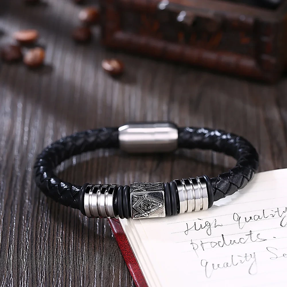 Pulsera de masones de acero de titanio tejido de cuero, joyería de moda Punk Hip Hop para hombres 1