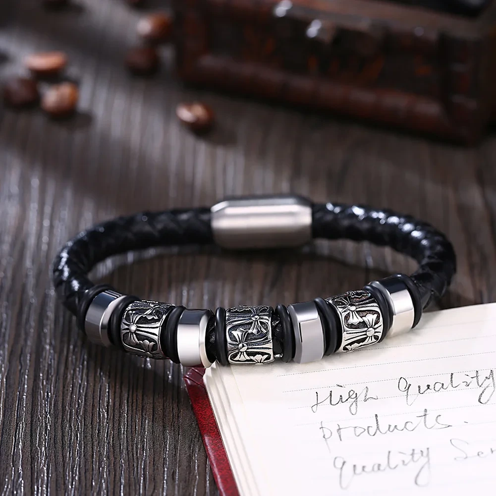 Pulsera Punk para hombre, pulsera cruzada Floral tejida de cuero con hebilla magnética de acero y titanio, joyería para hombre 1