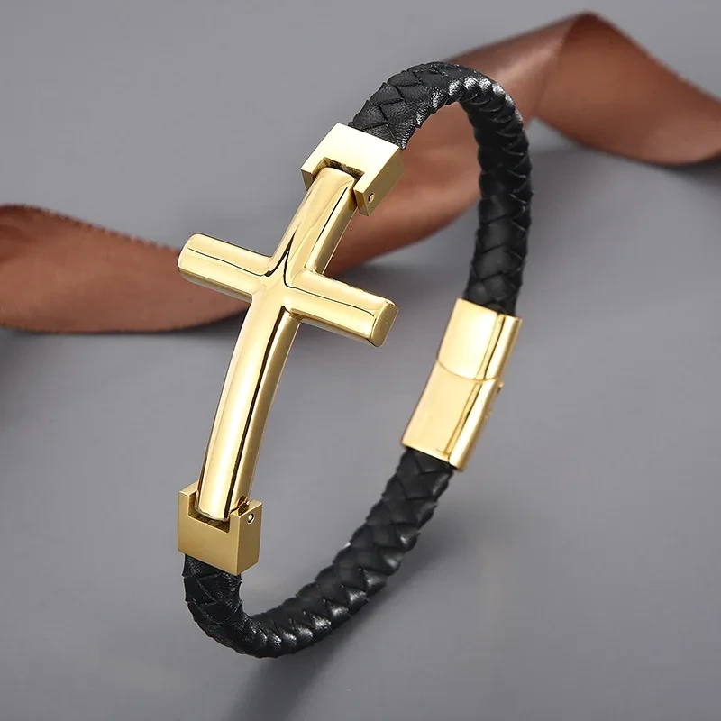 Cross Bracelet Single Loop Cowhide Rope Woven Ethnic Wind Personality Stainless Steel Men Jewelry Bracelet 1