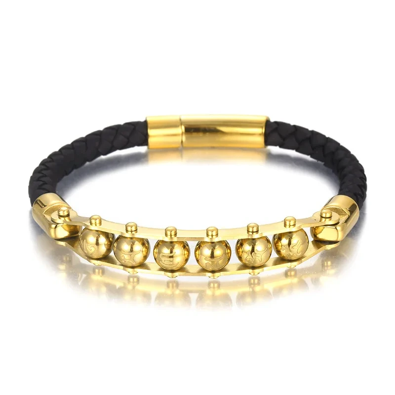 Retro Six-character Authentic Word Clan Style Bracelet Cowhide Rope Woven Stainless Steel Men Jewelry Bracelet 1